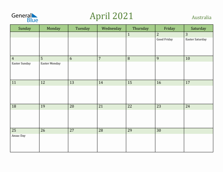 April 2021 Calendar with Australia Holidays
