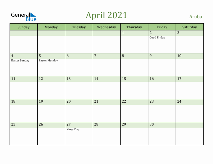 April 2021 Calendar with Aruba Holidays