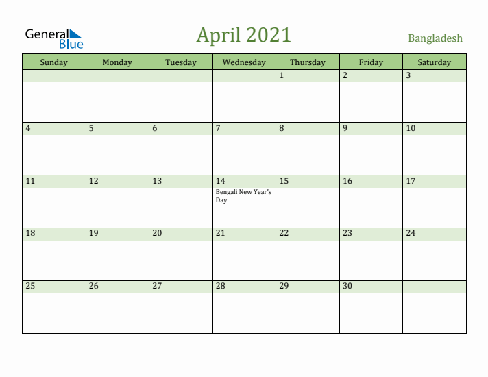 April 2021 Calendar with Bangladesh Holidays