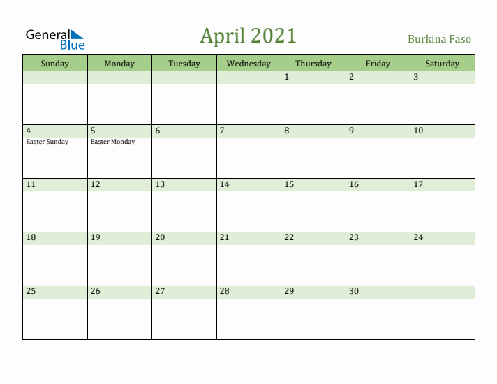 April 2021 Calendar with Burkina Faso Holidays