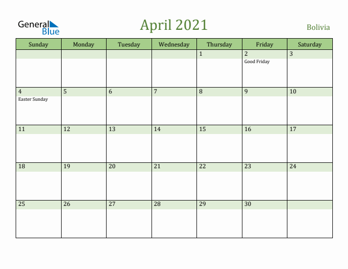 April 2021 Calendar with Bolivia Holidays