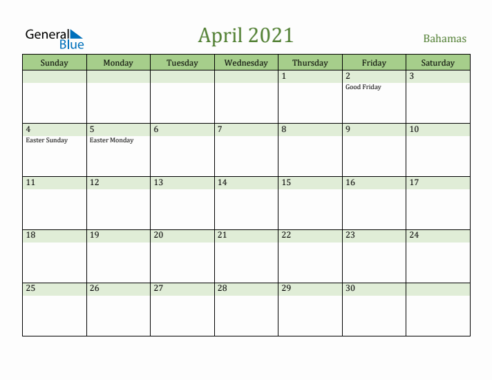 April 2021 Calendar with Bahamas Holidays