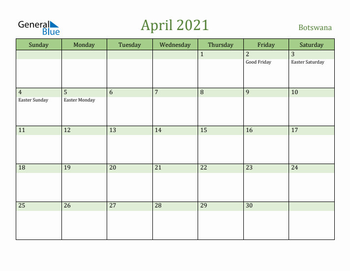 April 2021 Calendar with Botswana Holidays