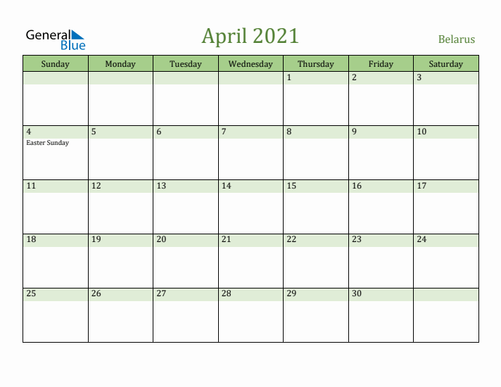 April 2021 Calendar with Belarus Holidays