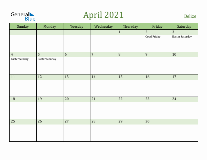April 2021 Calendar with Belize Holidays