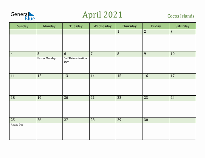 April 2021 Calendar with Cocos Islands Holidays