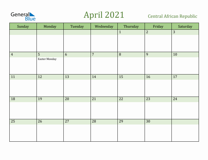 April 2021 Calendar with Central African Republic Holidays