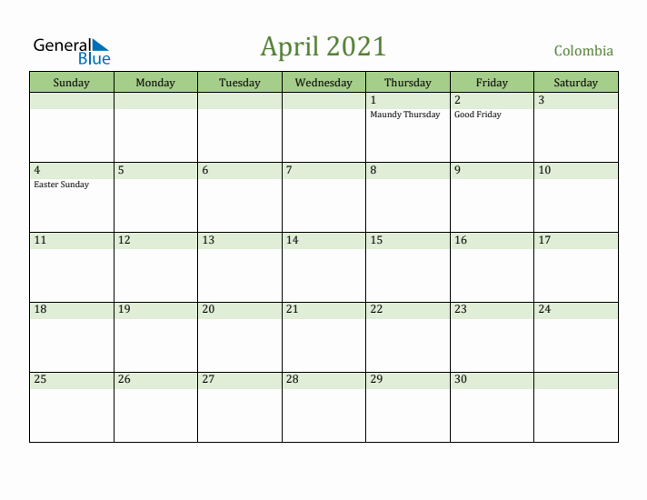 April 2021 Calendar with Colombia Holidays