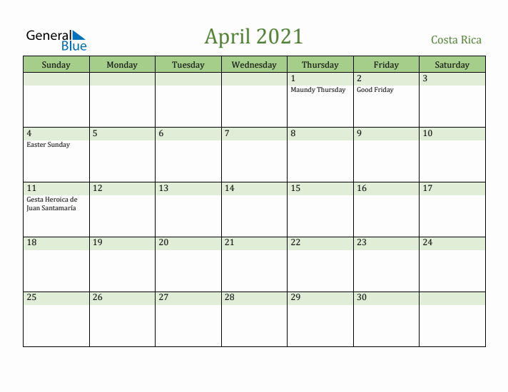 April 2021 Calendar with Costa Rica Holidays