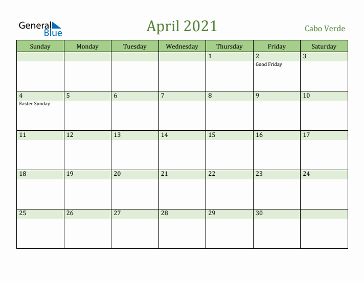 April 2021 Calendar with Cabo Verde Holidays
