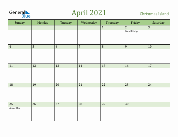 April 2021 Calendar with Christmas Island Holidays