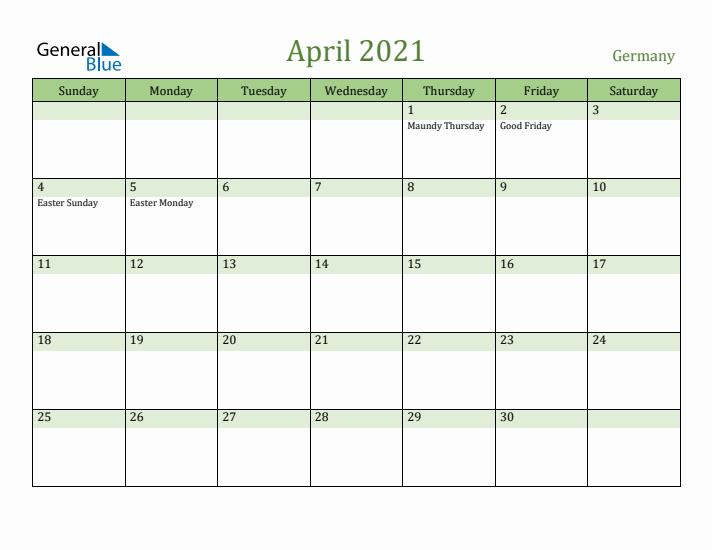 April 2021 Calendar with Germany Holidays