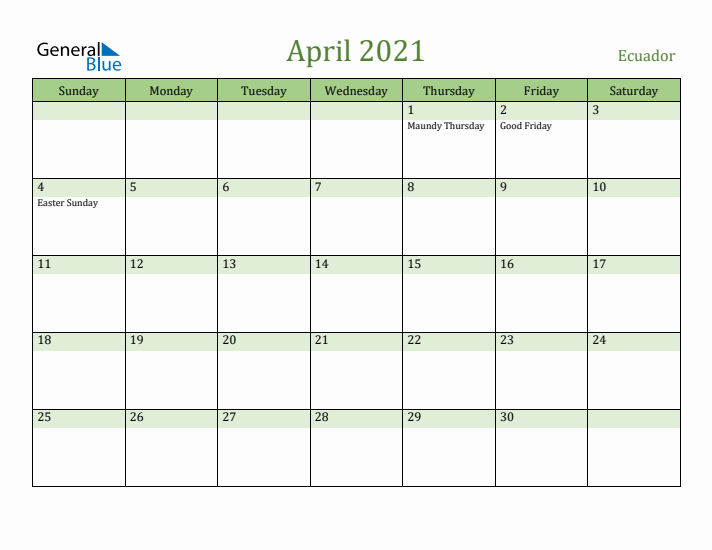 April 2021 Calendar with Ecuador Holidays