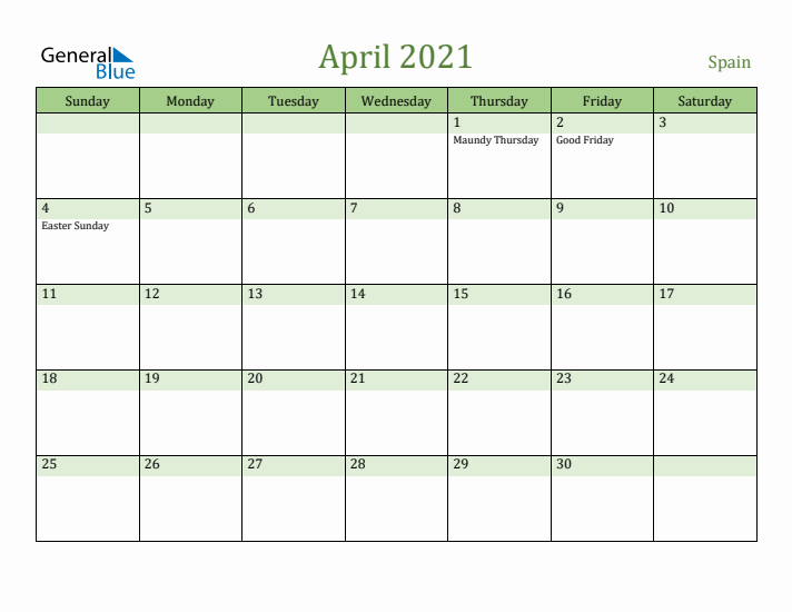 April 2021 Calendar with Spain Holidays