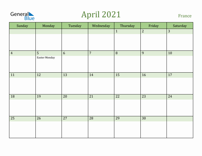 April 2021 Calendar with France Holidays