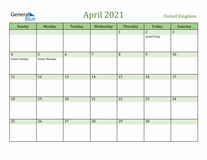 April 2021 Calendar with United Kingdom Holidays