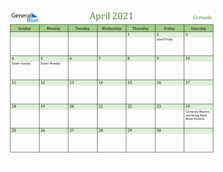 April 2021 Calendar with Grenada Holidays