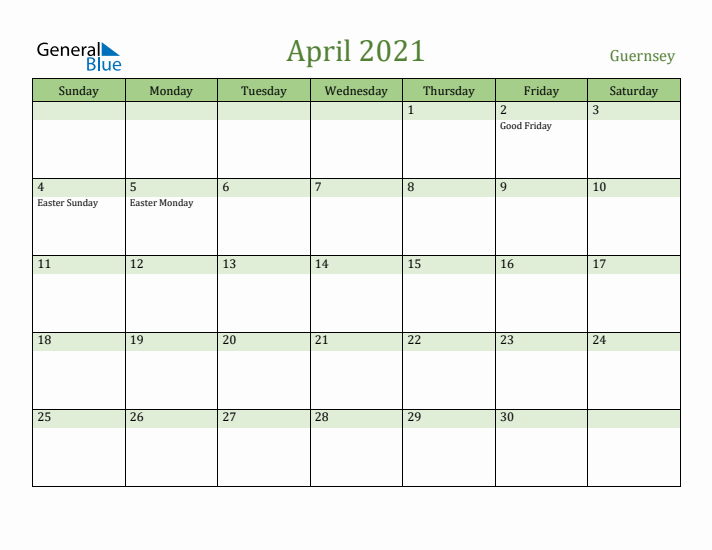 April 2021 Calendar with Guernsey Holidays