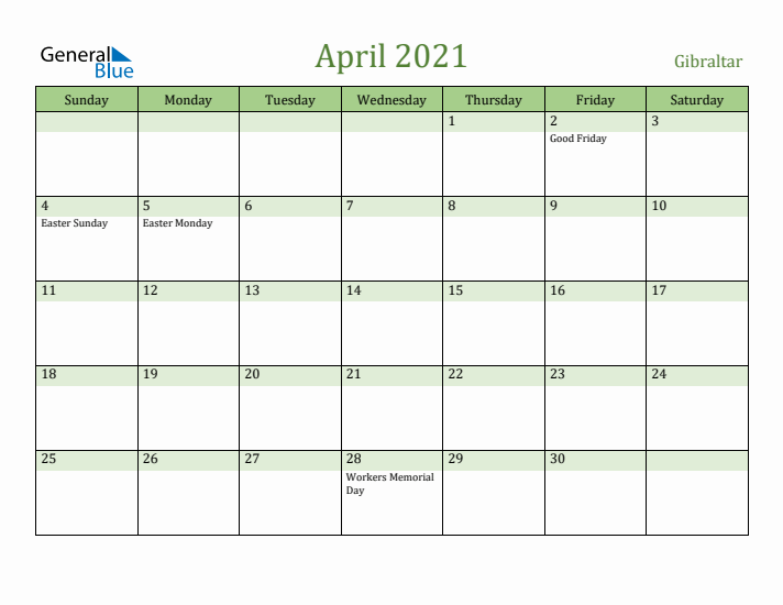 April 2021 Calendar with Gibraltar Holidays