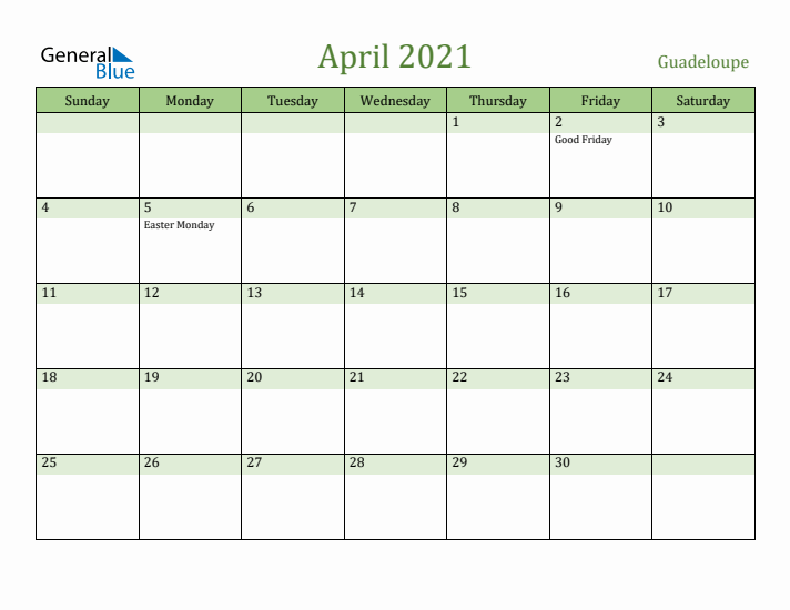 April 2021 Calendar with Guadeloupe Holidays