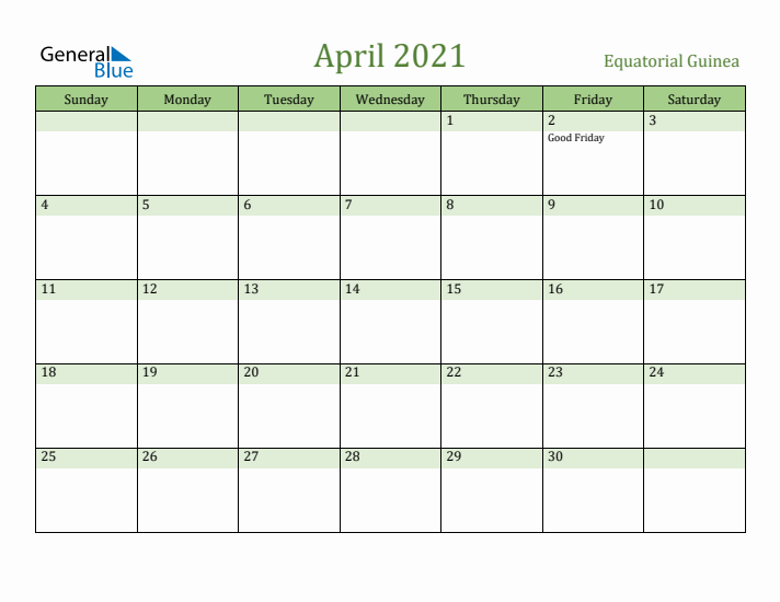 April 2021 Calendar with Equatorial Guinea Holidays