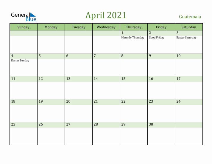 April 2021 Calendar with Guatemala Holidays