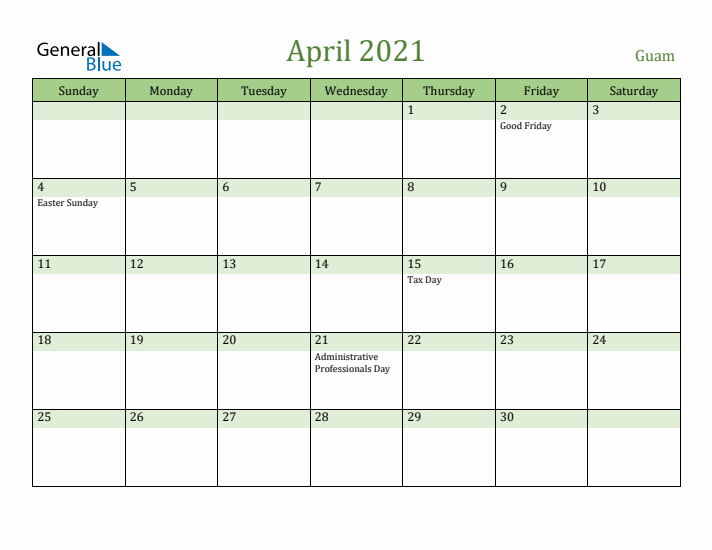 April 2021 Calendar with Guam Holidays
