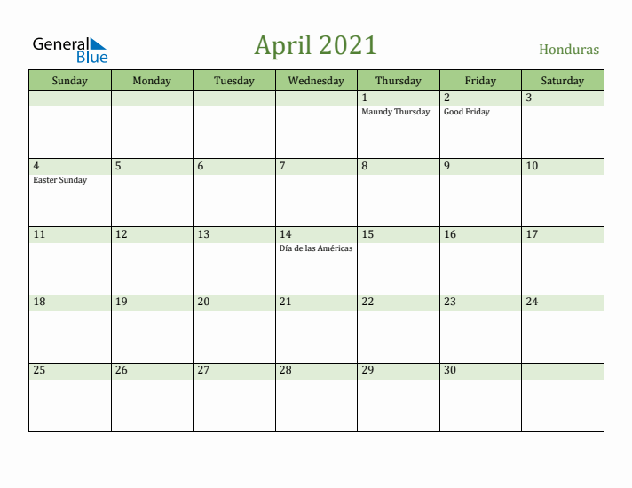 April 2021 Calendar with Honduras Holidays