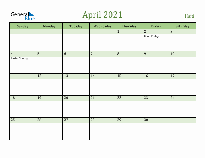 April 2021 Calendar with Haiti Holidays