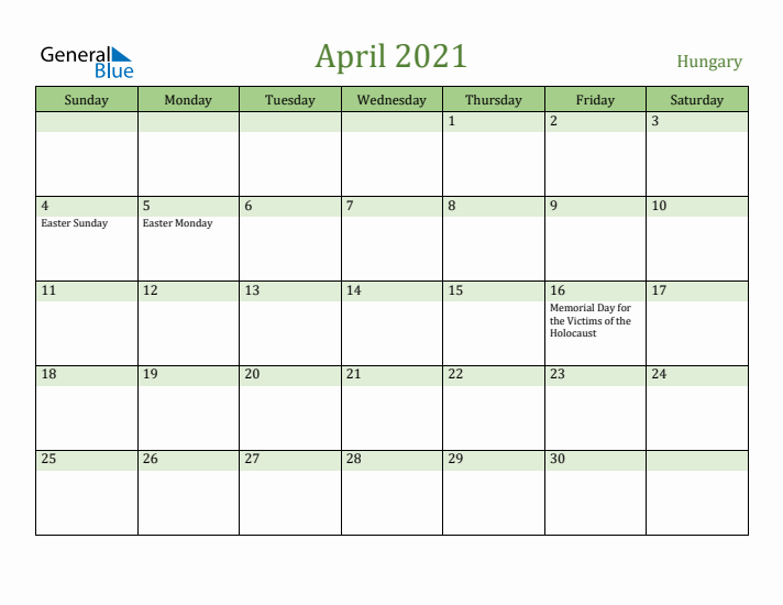 April 2021 Calendar with Hungary Holidays