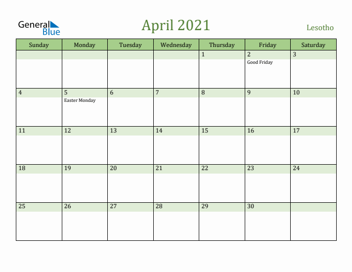 April 2021 Calendar with Lesotho Holidays