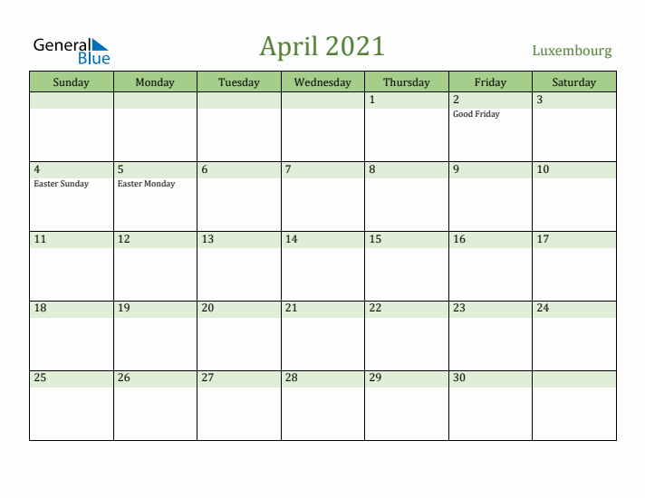 April 2021 Calendar with Luxembourg Holidays