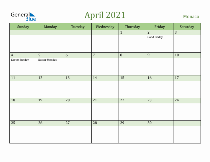 April 2021 Calendar with Monaco Holidays