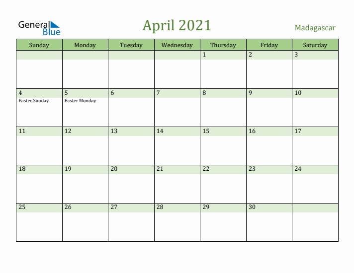 April 2021 Calendar with Madagascar Holidays