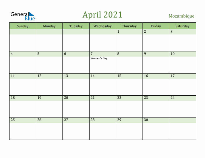 April 2021 Calendar with Mozambique Holidays