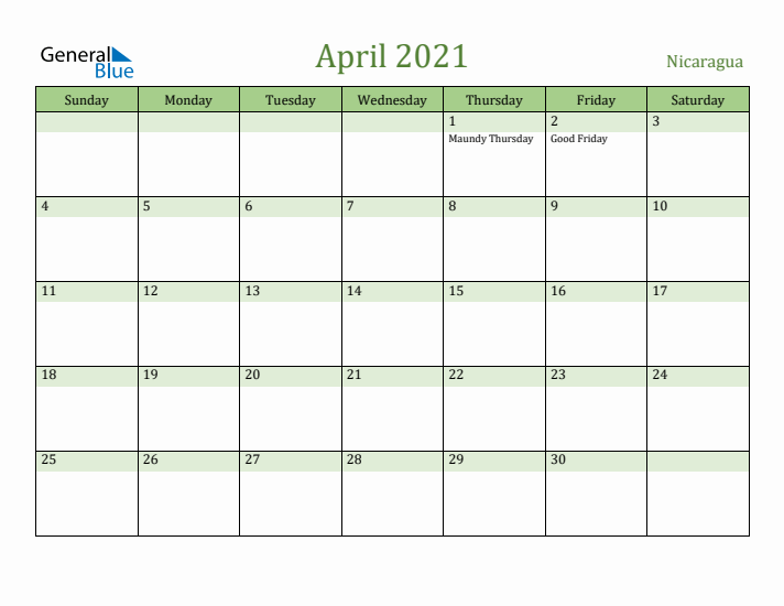 April 2021 Calendar with Nicaragua Holidays