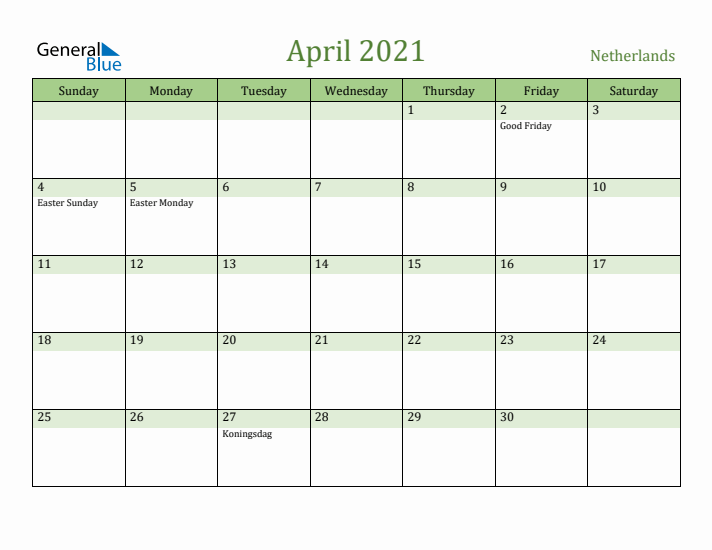 April 2021 Calendar with The Netherlands Holidays
