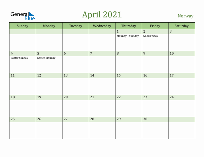 April 2021 Calendar with Norway Holidays