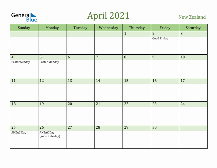 April 2021 Calendar with New Zealand Holidays