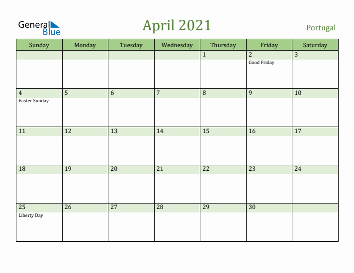 April 2021 Calendar with Portugal Holidays
