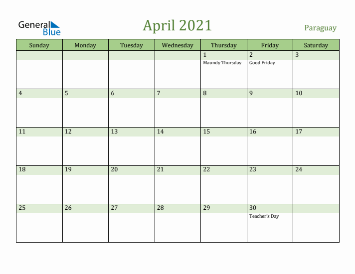 April 2021 Calendar with Paraguay Holidays