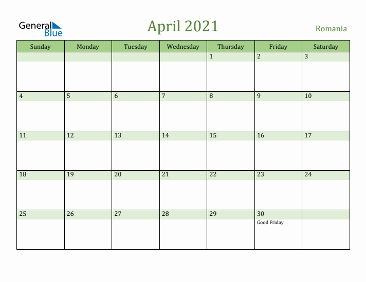 April 2021 Calendar with Romania Holidays