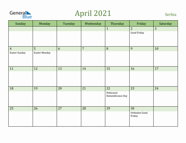 April 2021 Calendar with Serbia Holidays
