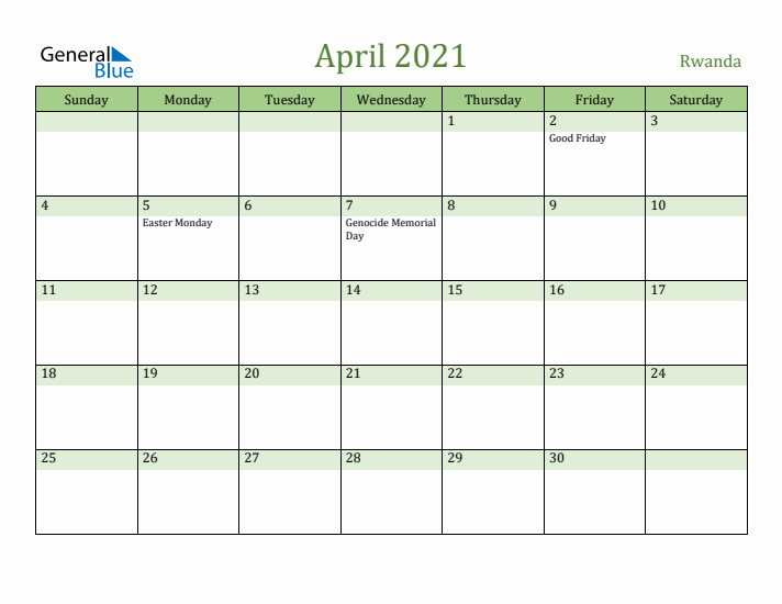 April 2021 Calendar with Rwanda Holidays