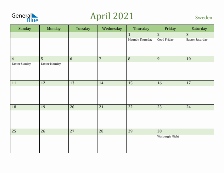 April 2021 Calendar with Sweden Holidays