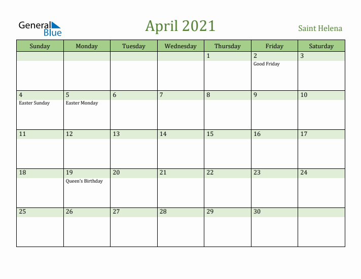 April 2021 Calendar with Saint Helena Holidays