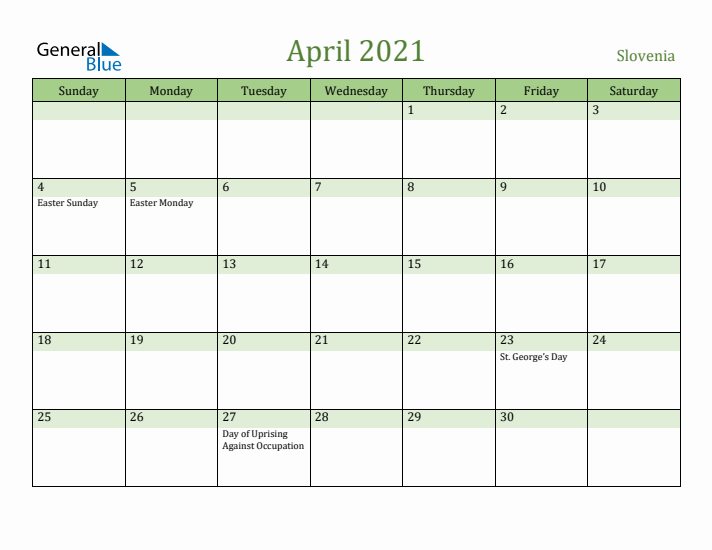 April 2021 Calendar with Slovenia Holidays