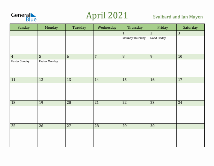 April 2021 Calendar with Svalbard and Jan Mayen Holidays