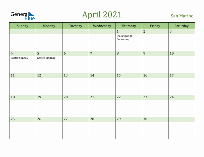 April 2021 Calendar with San Marino Holidays