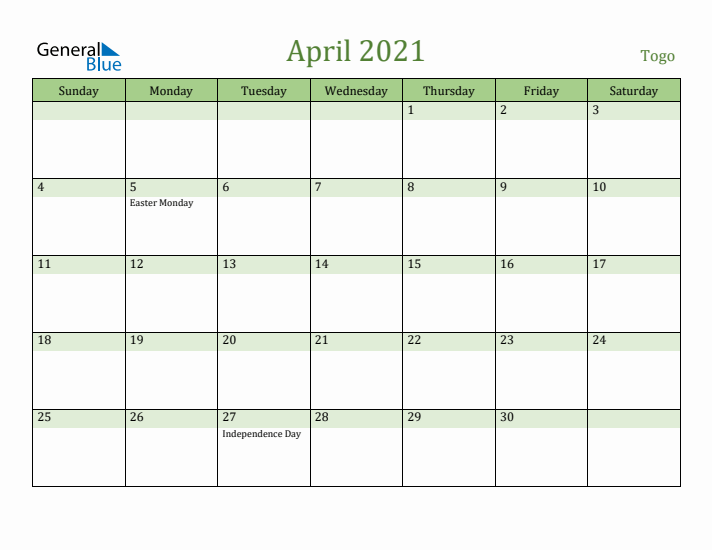 April 2021 Calendar with Togo Holidays